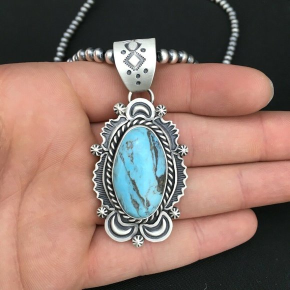 Navajo Sterling Silver Blue Necklace Pendant Ln 20 - Picture 10 of 12